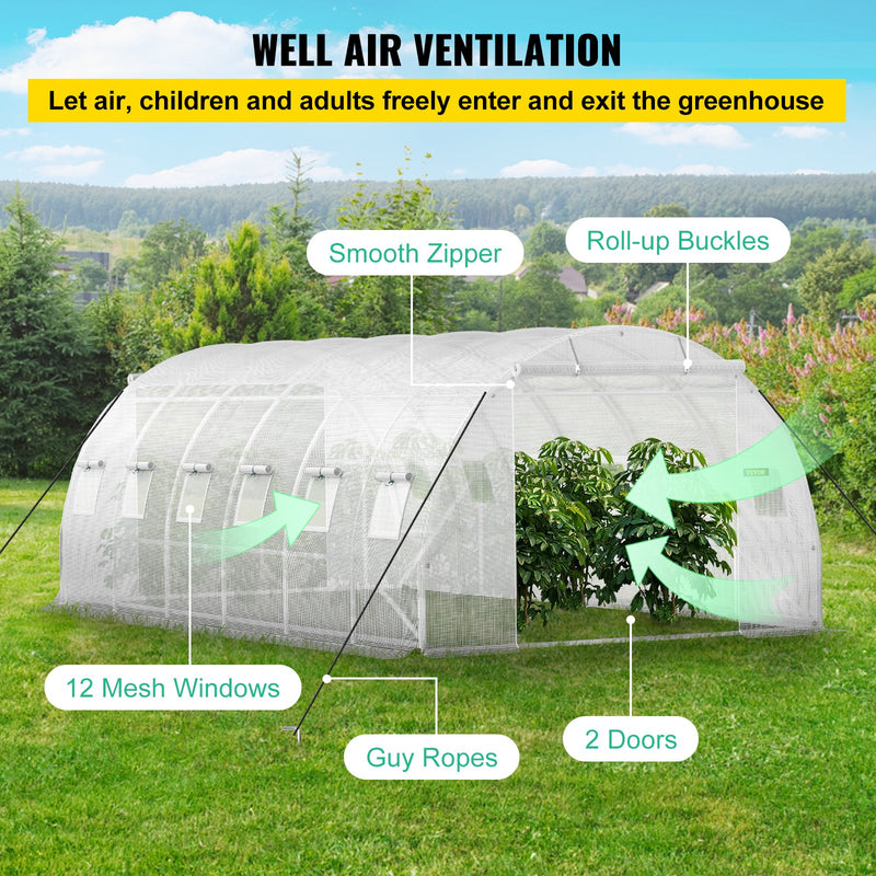 VEVOR portable plant greenhouse 6.1 x 3 x 2.1 m with galvanised steel hoops, 3 top beams, 4 diagonal poles, 2 zipped doors and 12 folding windows, white