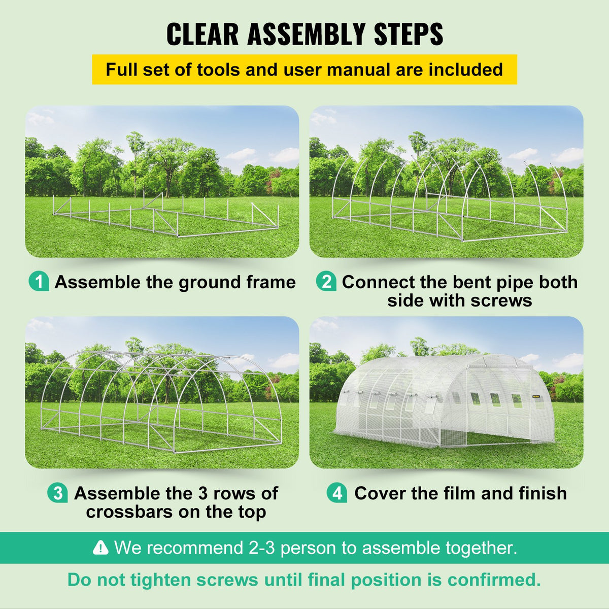 VEVOR portable plant greenhouse 6.1 x 3 x 2.1 m with galvanised steel hoops, 3 top beams, 4 diagonal poles, 2 zipped doors and 12 folding windows, white