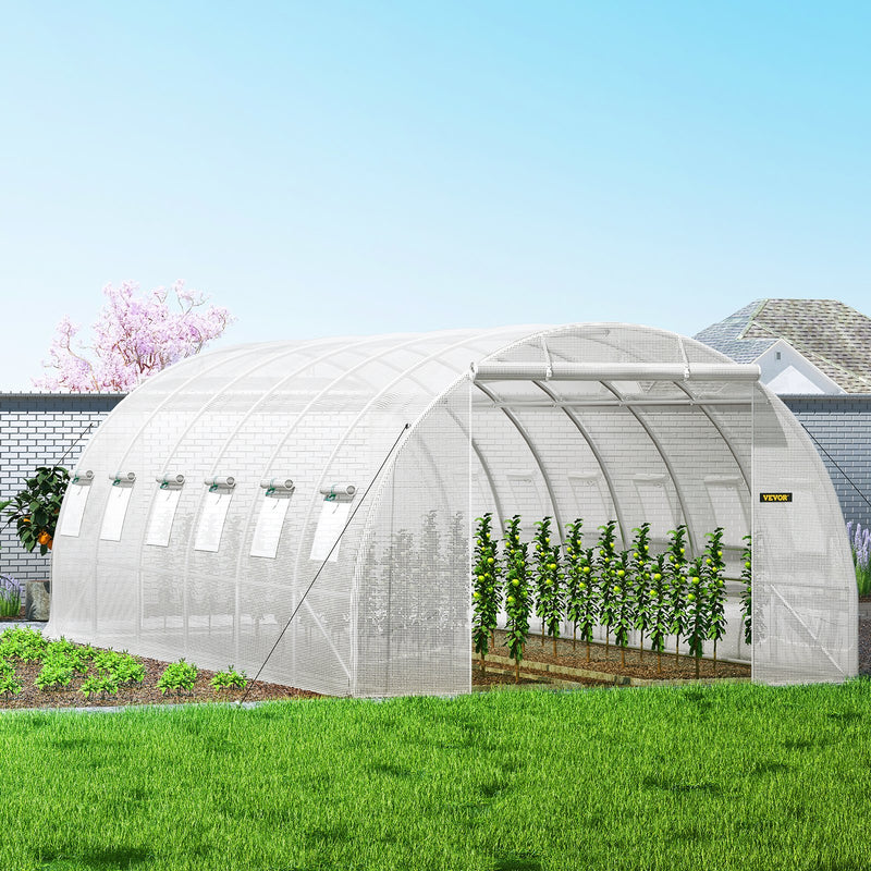 VEVOR portable plant greenhouse 6.1 x 3 x 2.1 m with galvanised steel hoops, 3 top beams, 4 diagonal poles, 2 zipped doors and 12 folding windows, white