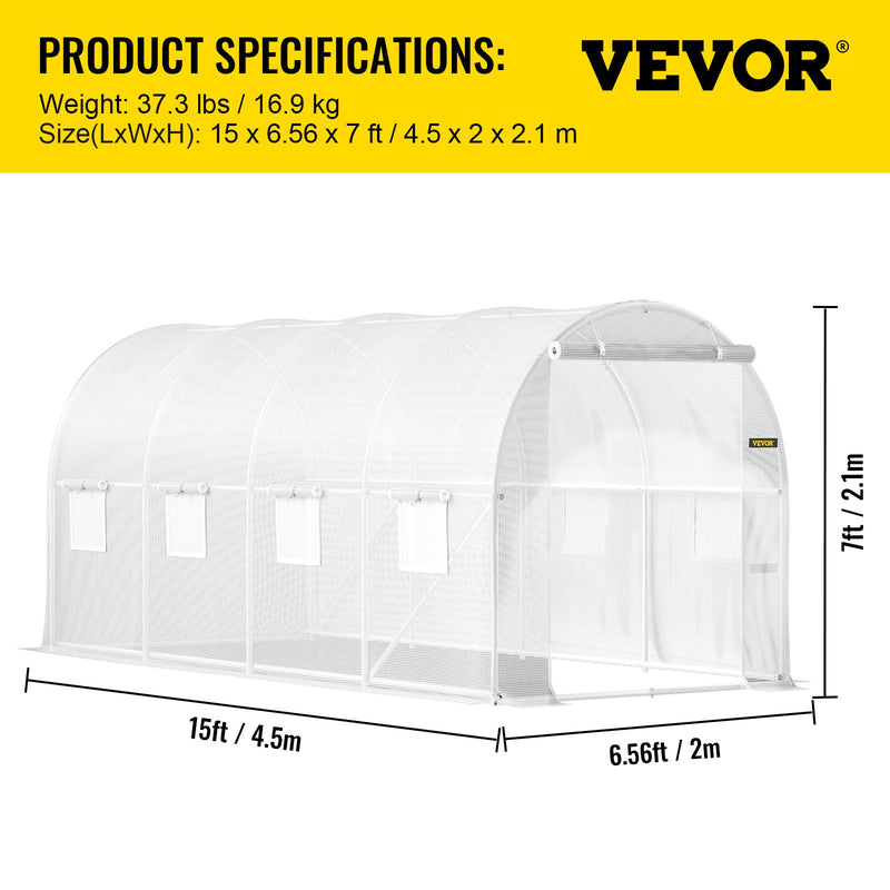 VEVOR pārnēsājama augu siltumnīca,  4.5 x 2 x 2.1 m, ar cinkota tērauda stīpām, 1 augšējā sija, 2 diagonālie stabi, 2 durvis ar rāvējslēdzēju un 8 saliekami logi, balts