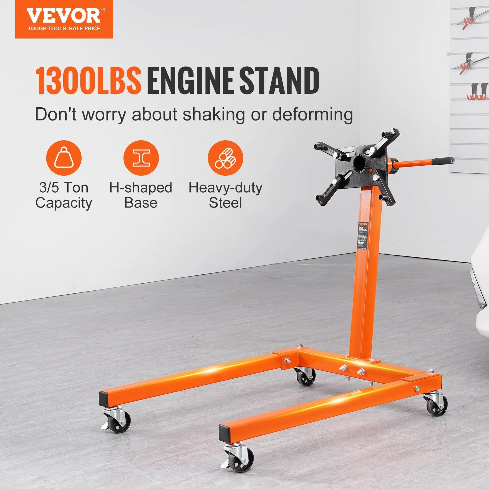 VEVOR dzinēja statīvs ar 360° rotējošu regulējamu galvu, 590 kg slodzes kapacitāte, tērauda motora bloka statīvs ar instrumentu paplāti, 4 riteņi un 4 regulējamas sviras, paredzēts transportlīdzekļu remontam un apkopei