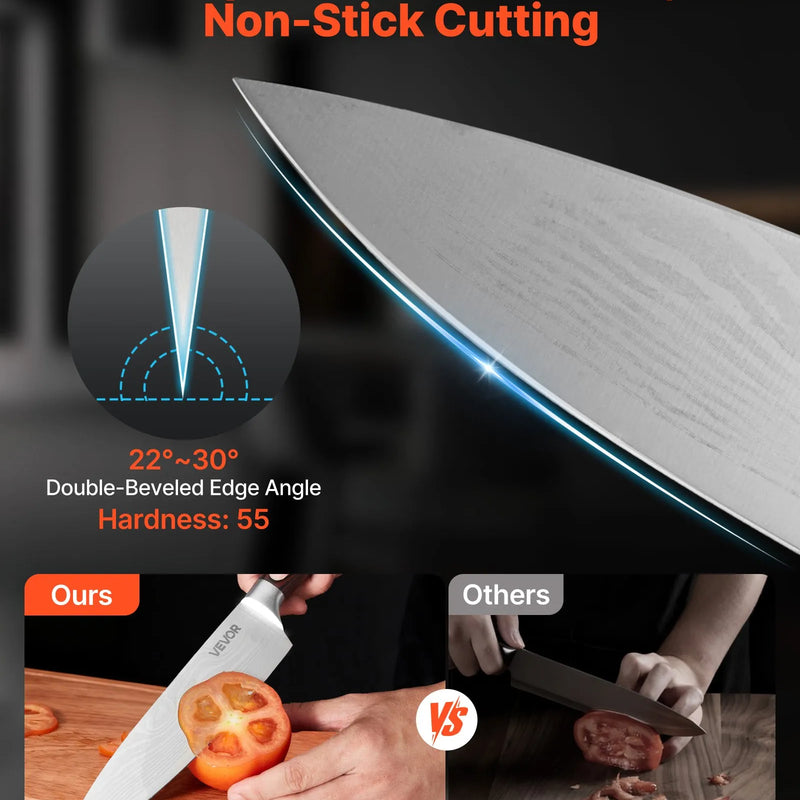 VEVOR virtuves nažu komplekts ar bloku un asināmo, 15 daļas, augsta oglekļa nerūsējošā tērauda naži, noturīgi pret rūsu, ergonomiski rokturi, asināmais stienis un augstvērtīgs koka bloks mājas lietošanai