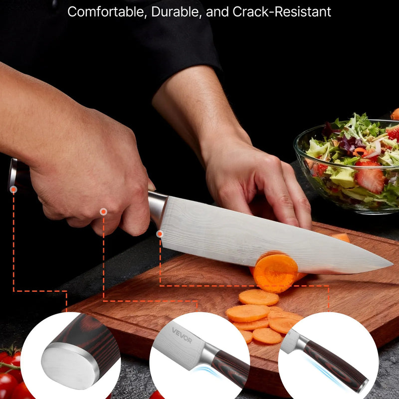 VEVOR virtuves nažu komplekts ar bloku un asināmo, 15 daļas, augsta oglekļa nerūsējošā tērauda naži, noturīgi pret rūsu, ergonomiski rokturi, asināmais stienis un augstvērtīgs koka bloks mājas lietošanai