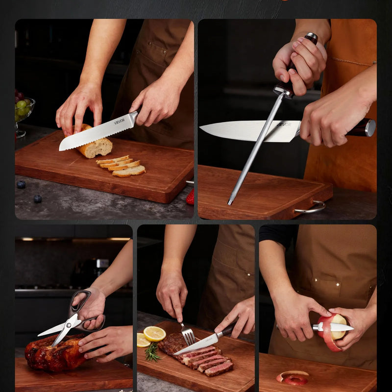 VEVOR virtuves nažu komplekts ar bloku un asināmo, 15 daļas, augsta oglekļa nerūsējošā tērauda naži, noturīgi pret rūsu, ergonomiski rokturi, asināmais stienis un augstvērtīgs koka bloks mājas lietošanai
