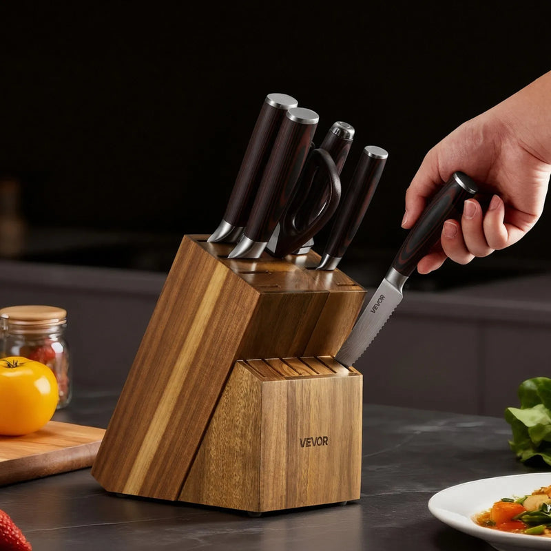 VEVOR virtuves nažu komplekts ar bloku un asināmo, 15 daļas, augsta oglekļa nerūsējošā tērauda naži, noturīgi pret rūsu, ergonomiski rokturi, asināmais stienis un augstvērtīgs koka bloks mājas lietošanai