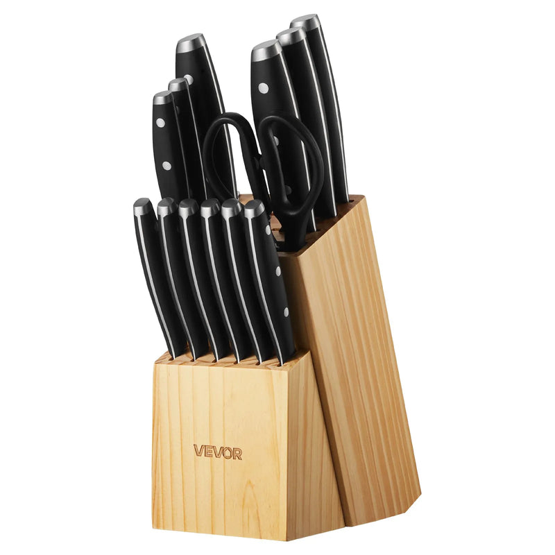 VEVOR virtuves nažu komplekts ar bloku un asināmo, 15 daļas, augsta oglekļa nerūsējošā tērauda asi naži, virtuves piederumi ar ergonomisku rokturi, asināmais stienis un augstvērtīgs koka bloks mājas pavāriem