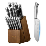 VEVOR 15-piece kitchen knife set with block and sharpener, made of German high-carbon stainless steel, with ergonomic handles, a sharpening rod, and a wooden knife block, for home use