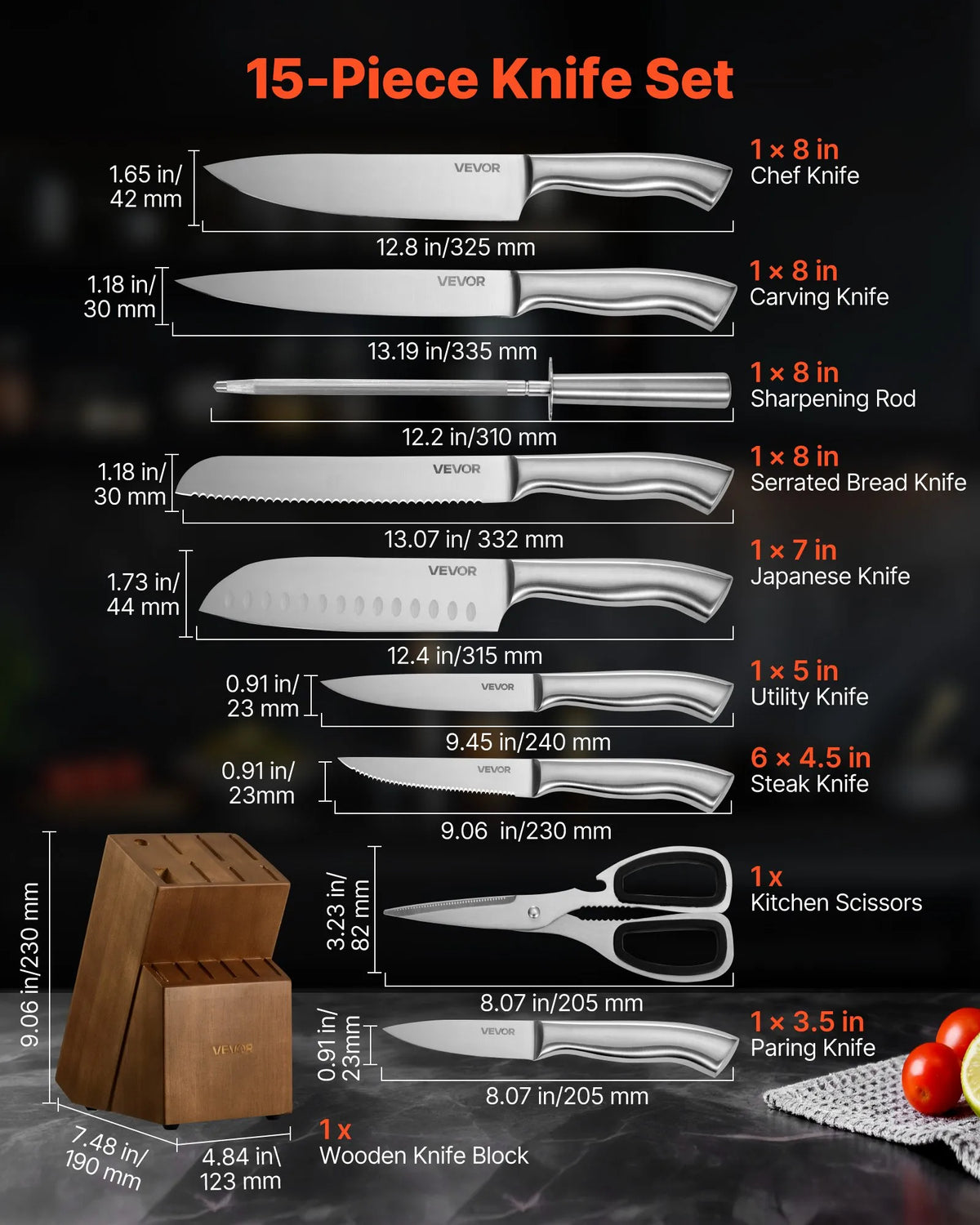 VEVOR 15-piece kitchen knife set with block and sharpener, made of German high-carbon stainless steel, with ergonomic handles, a sharpening rod, and a wooden knife block, for home use