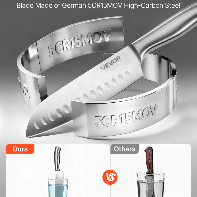 VEVOR virtuves nažu komplekts ar bloku un asināmo, 15 daļas, no vācu augsta oglekļa nerūsējošā tērauda, ergonomiski rokturi, asināmais stienis un koka nažu bloks, mājas lietošanai