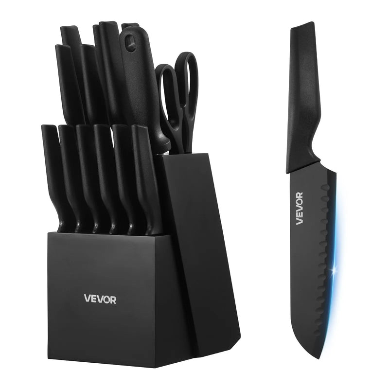 VEVOR virtuves nažu komplekts ar bloku un asināmo, 15 daļu vācu augsta oglekļa nerūsējošā tērauda naži ar ergonomiskiem PP rokturiem, koka bloks mājas pavāriem.