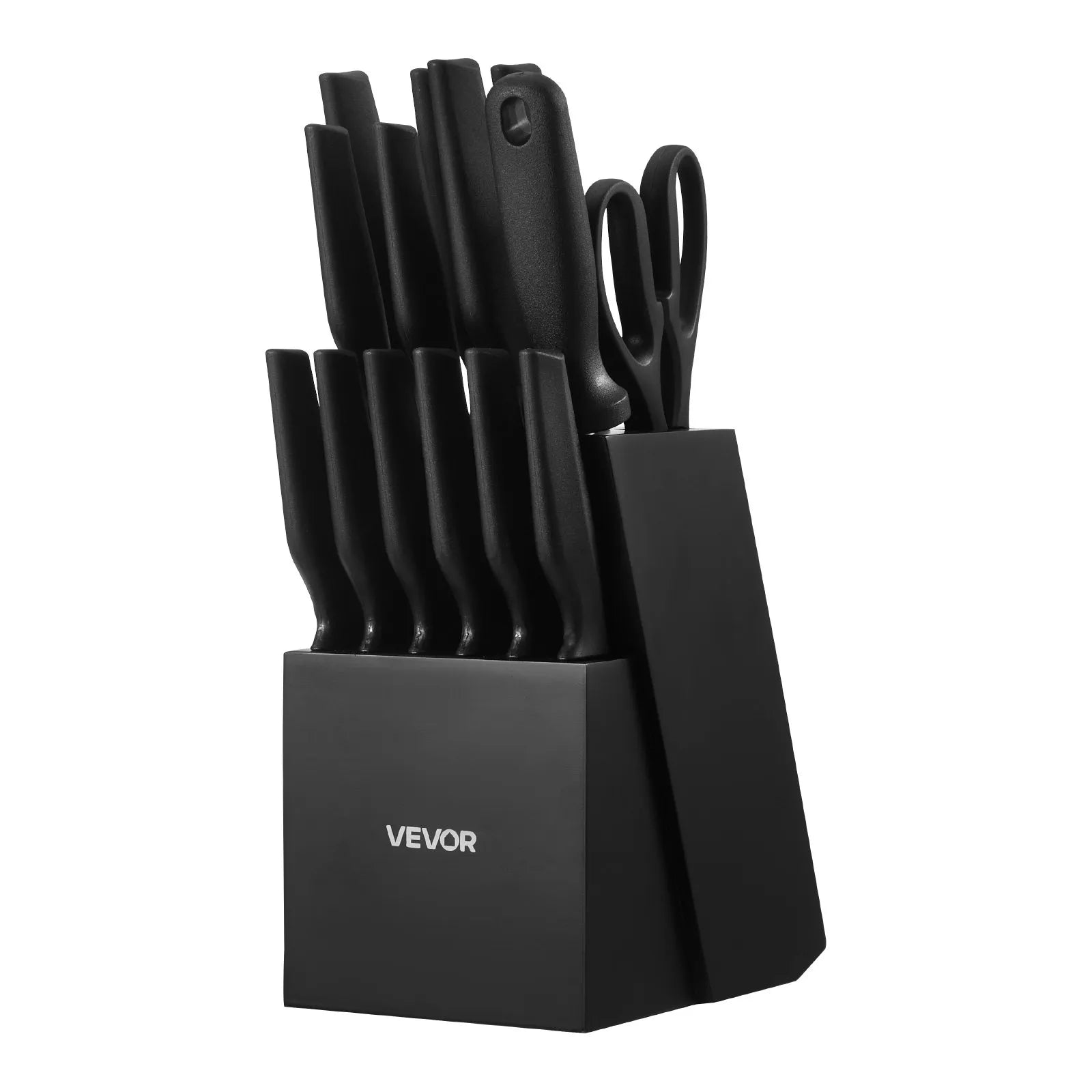 VEVOR virtuves nažu komplekts ar bloku un asināmo, 15 daļu vācu augsta oglekļa nerūsējošā tērauda naži ar ergonomiskiem PP rokturiem, koka bloks mājas pavāriem.