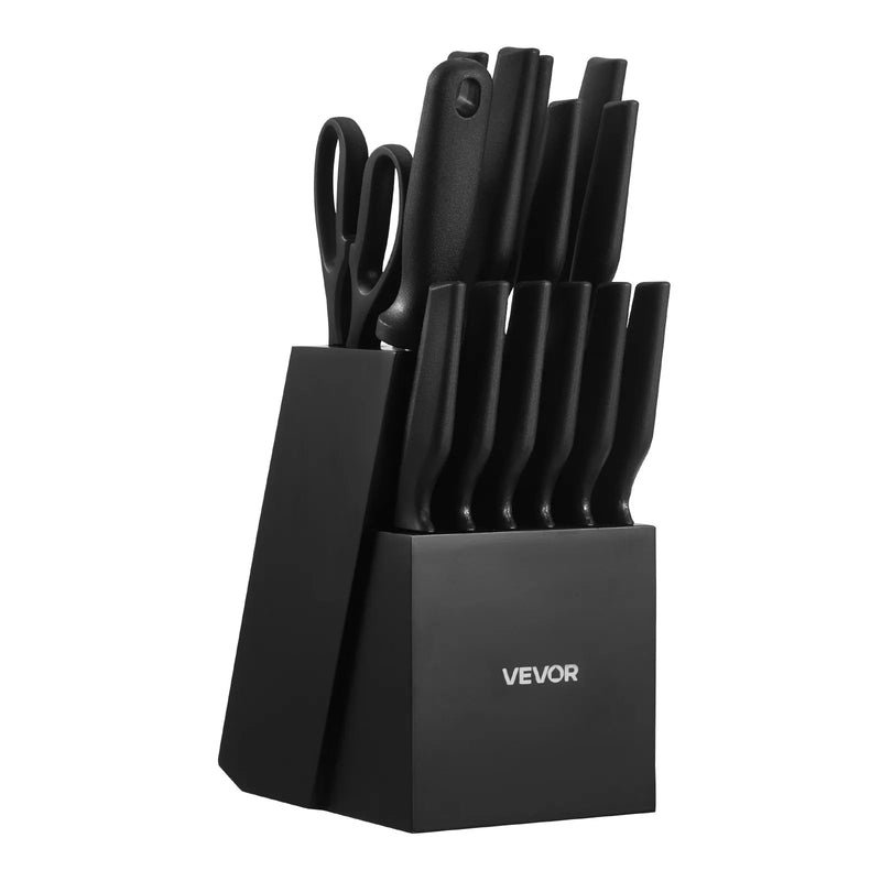 VEVOR virtuves nažu komplekts ar bloku un asināmo, 15 daļu vācu augsta oglekļa nerūsējošā tērauda naži ar ergonomiskiem PP rokturiem, koka bloks mājas pavāriem.