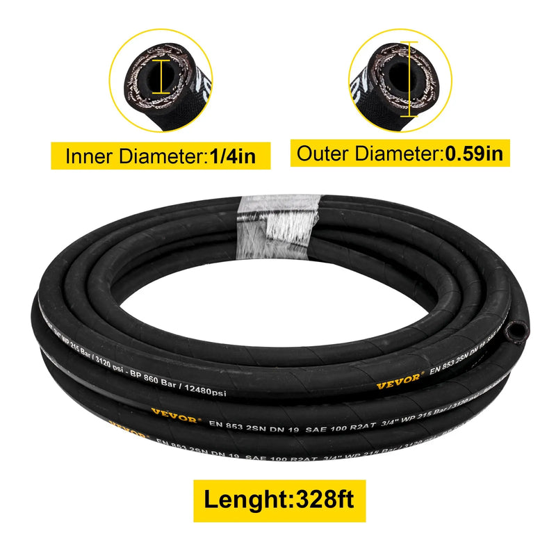 VEVOR hidrauliskā šļūtene 6,35 mm × 100 m, gumijas hidrauliskā šļūtene ar divkāršu augstas izturības tērauda stiepļu pinumu, maksimālais darba spiediens 400 bar, darba temperatūra –20 °C līdz +140 °C, elastīga hidrauliskās eļļas šļūtene.