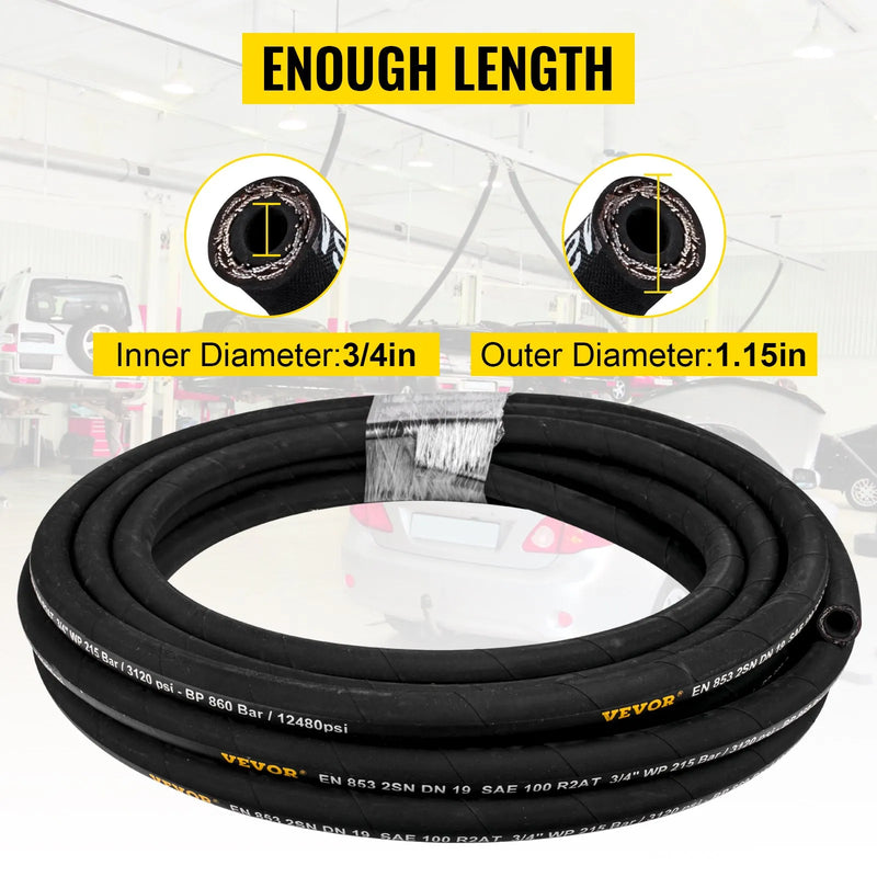 VEVOR hidrauliskā šļūtene 19 mm × 15,2 m, darba spiediens 215 bar, gumijas šļūtene ar divkāršu tērauda pinumu, darba temperatūra –20 °C līdz +140 °C