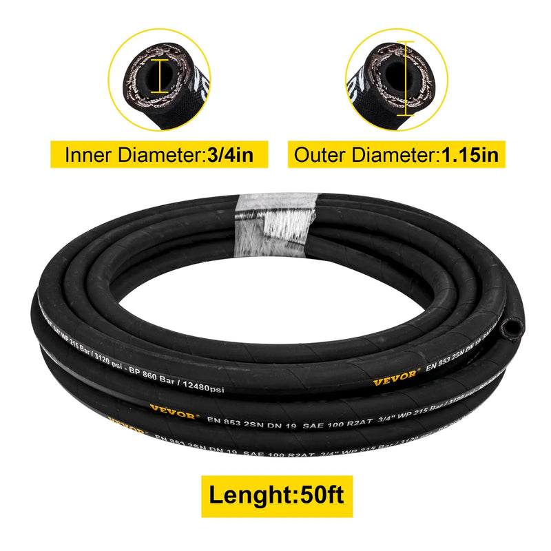 VEVOR hidrauliskā šļūtene 19 mm × 15,2 m, darba spiediens 215 bar, gumijas šļūtene ar divkāršu tērauda pinumu, darba temperatūra –20 °C līdz +140 °C