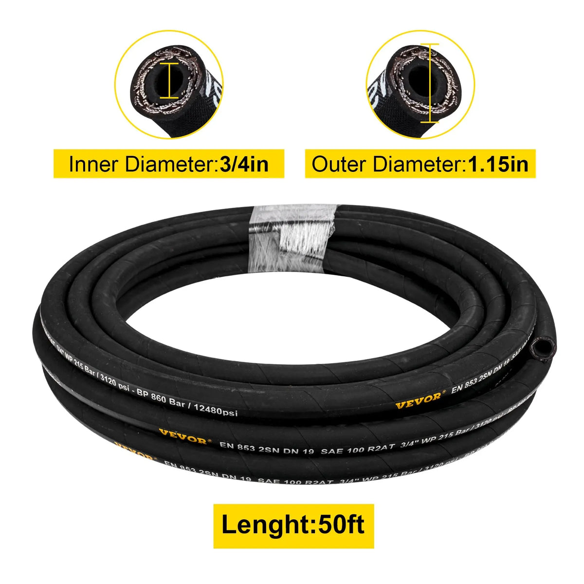VEVOR hidrauliskā šļūtene 19 mm × 15,2 m, darba spiediens 215 bar, gumijas šļūtene ar divkāršu tērauda pinumu, darba temperatūra –20 °C līdz +140 °C