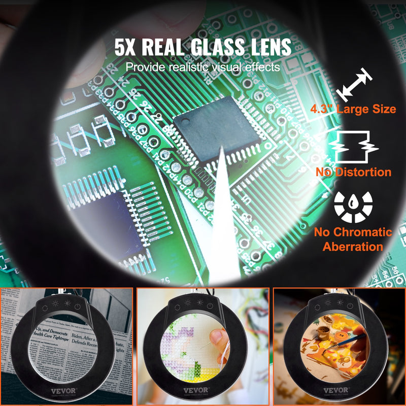 VEVOR palielināmais stikls ar apgaismojumu, 5X lupa, 10.9 cm lēca, 5 krāsu režīmi
