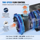 VEVOR divu ātrumu SPA sūknis, 48 rāmis, 1100 W augstais režīms 35 m³/h ar 13 m pacēlumu vai 250 W zemais režīms 14 m³/h ar 2,8 m pacēlumu, Ø50 mm pieslēgums ar 90° grozāmu savienojumu, TÜV sertificēts