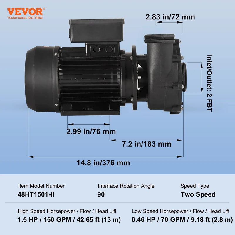 VEVOR divu ātrumu SPA sūknis, 48 rāmis, 1100 W augstais režīms 35 m³/h ar 13 m pacēlumu vai 250 W zemais režīms 14 m³/h ar 2,8 m pacēlumu, Ø50 mm pieslēgums ar 90° grozāmu savienojumu, TÜV sertificēts