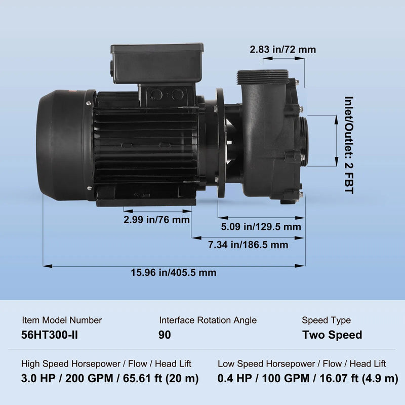 VEVOR divu ātrumu SPA sūknis, 56 rāmis, 1600 W augstais režīms 39 m³/h ar 15 m pacēlumu vai 400 W zemais režīms 19 m³/h ar 3,9 m pacēlumu, Ø50 mm pieslēgums ar 90° grozāmu savienojumu, TÜV sertificēts