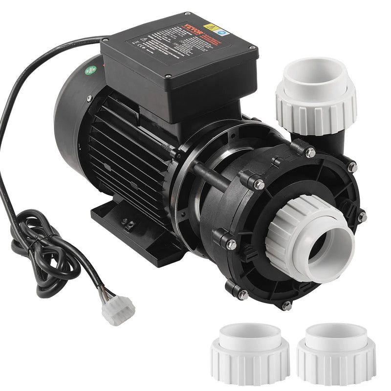 VEVOR divu ātrumu SPA sūknis, 56 rāmis, 1600 W augstais režīms 39 m³/h ar 15 m pacēlumu vai 400 W zemais režīms 19 m³/h ar 3,9 m pacēlumu, Ø50 mm pieslēgums ar 90° grozāmu savienojumu, TÜV sertificēts