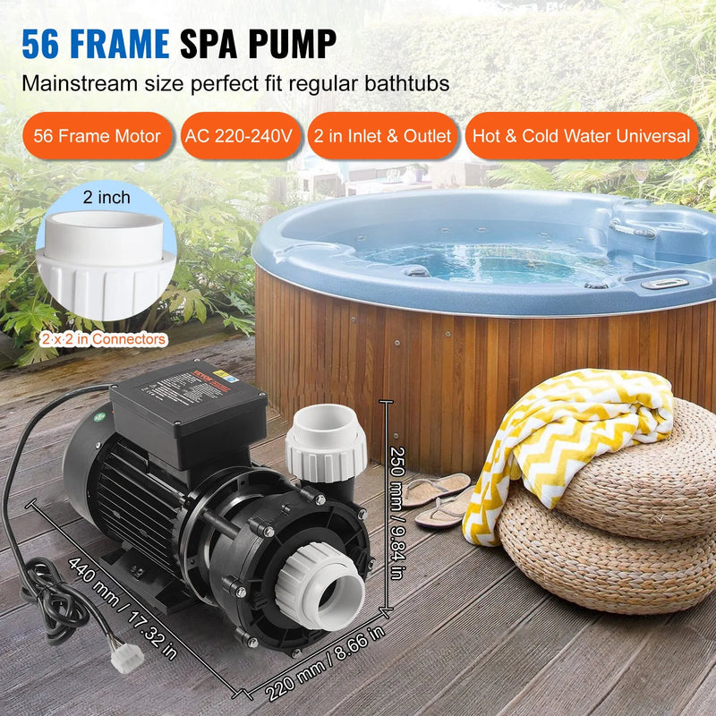 VEVOR divu ātrumu SPA sūknis, 56 rāmis, 1900 W augstais režīms 43 m³/h ar 18 m pacēlumu vai 450 W zemais režīms 21,5 m³/h ar 4,4 m pacēlumu, 2″ pieslēgums ar 90° grozāmu savienojumu, TÜV sertificēts