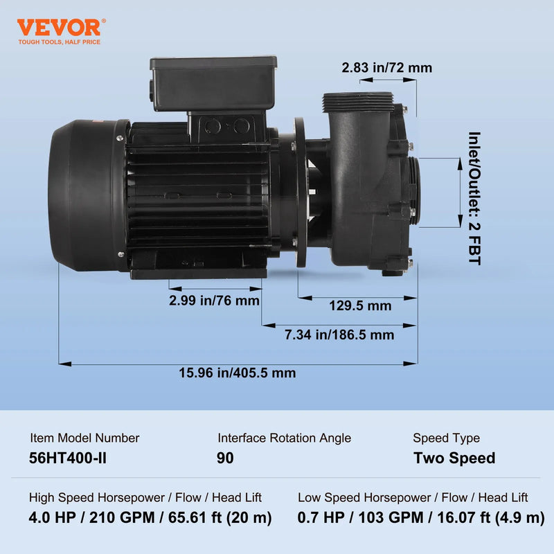 VEVOR divu ātrumu SPA sūknis, 56 rāmis, 1900 W augstais režīms 43 m³/h ar 18 m pacēlumu vai 450 W zemais režīms 21,5 m³/h ar 4,4 m pacēlumu, 2″ pieslēgums ar 90° grozāmu savienojumu, TÜV sertificēts