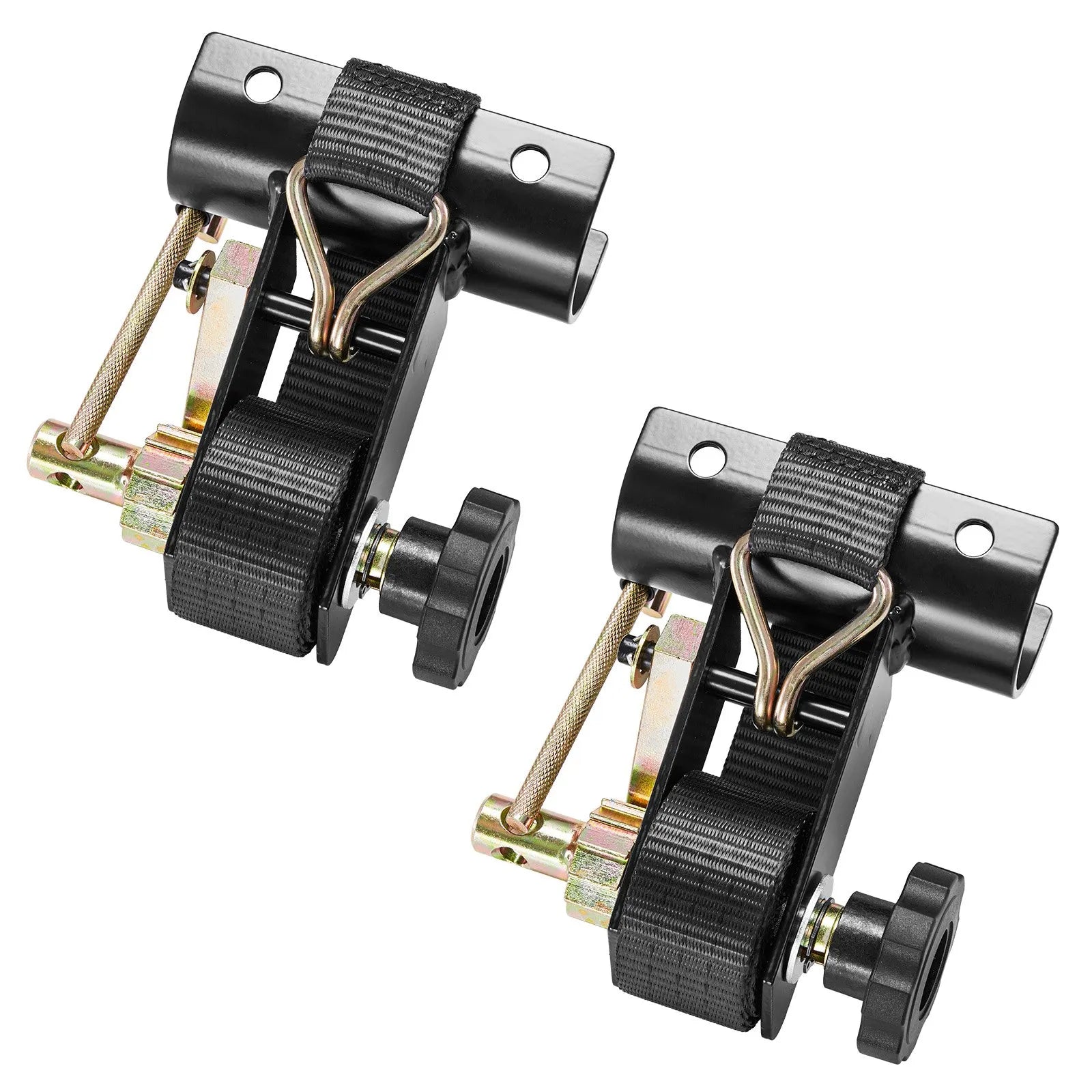 VEVOR sprūdrata stiprinājuma siksnas kāpņu bagāžniekam, stiprinājums apaļām caurulēm 47,6–50,8 mm, siksnas platums 38 mm × garums 2,25 m, ar dubultajiem J veida āķiem, kravnesība 226,8 kg, lieljaudas kravas fiksācijas siksnas, melnas, 2 gab. komplekts