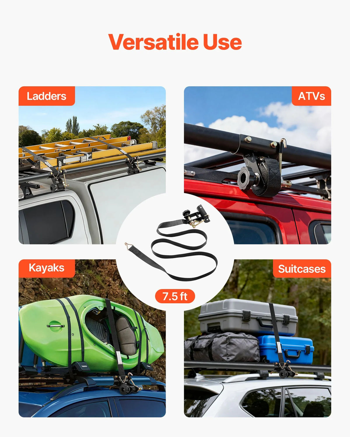 VEVOR sprūdrata stiprinājuma siksnas kāpņu bagāžniekam, stiprinājums apaļām caurulēm 47,6–50,8 mm, siksnas platums 38 mm × garums 2,25 m, ar dubultajiem J veida āķiem, kravnesība 226,8 kg, lieljaudas kravas fiksācijas siksnas, melnas, 2 gab. komplekts