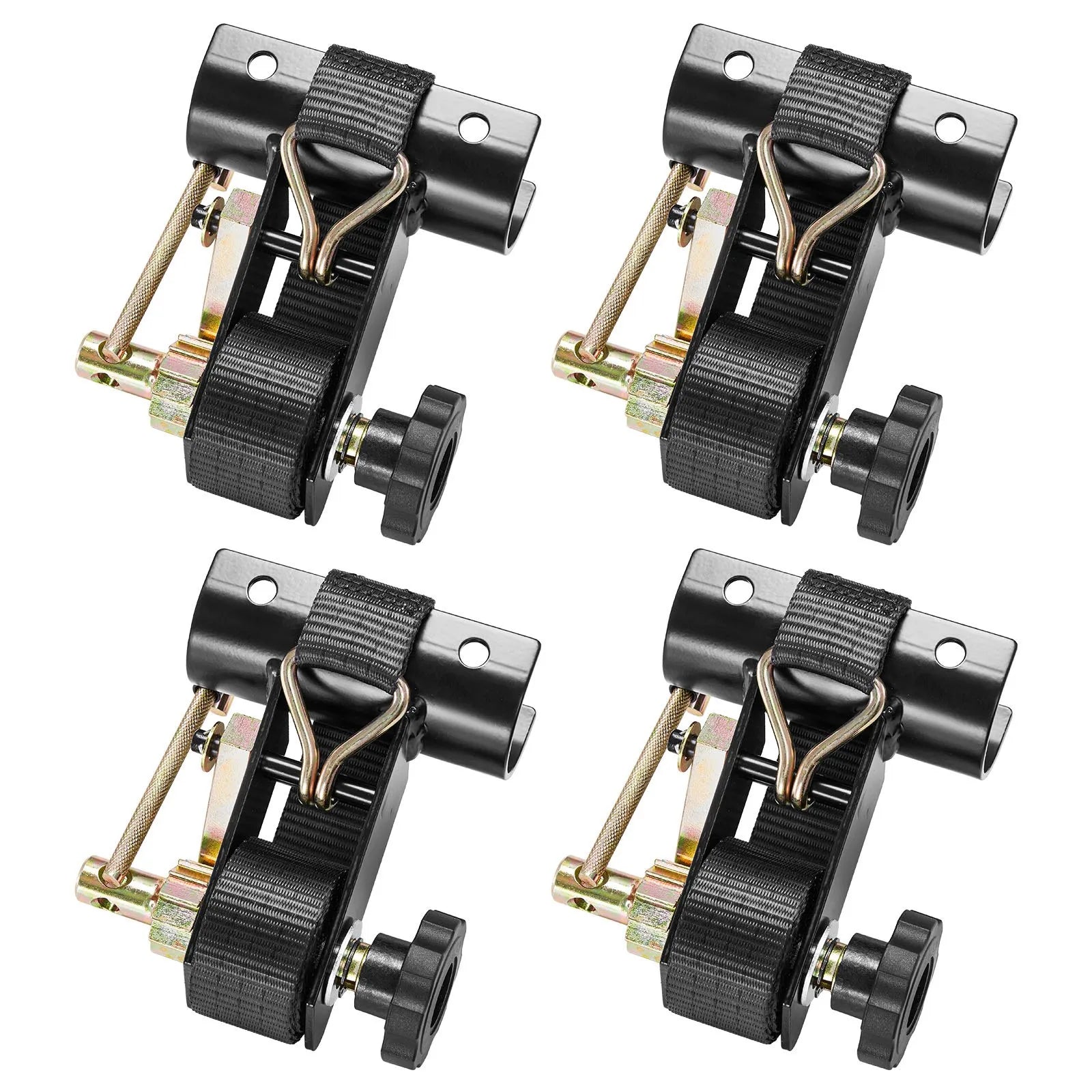 VEVOR kāpņu statņa spriegšanas siksnas, 38 mm platas × 2,25 m garas, ar dubultiem J-āķiem, piemērotas 47,6–50,8 mm melnā apaļā caurulē, smagajam kravas fiksēšanai līdz 226,8 kg, ar sprādzes bloķēšanas mehānismu (4 gab.)