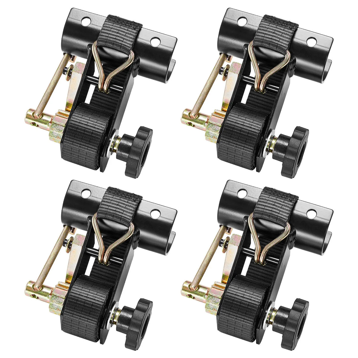 VEVOR kāpņu statņa spriegšanas siksnas, 38 mm platas × 2,25 m garas, ar dubultiem J-āķiem, piemērotas 47,6–50,8 mm melnā apaļā caurulē, smagajam kravas fiksēšanai līdz 226,8 kg, ar sprādzes bloķēšanas mehānismu (4 gab.)