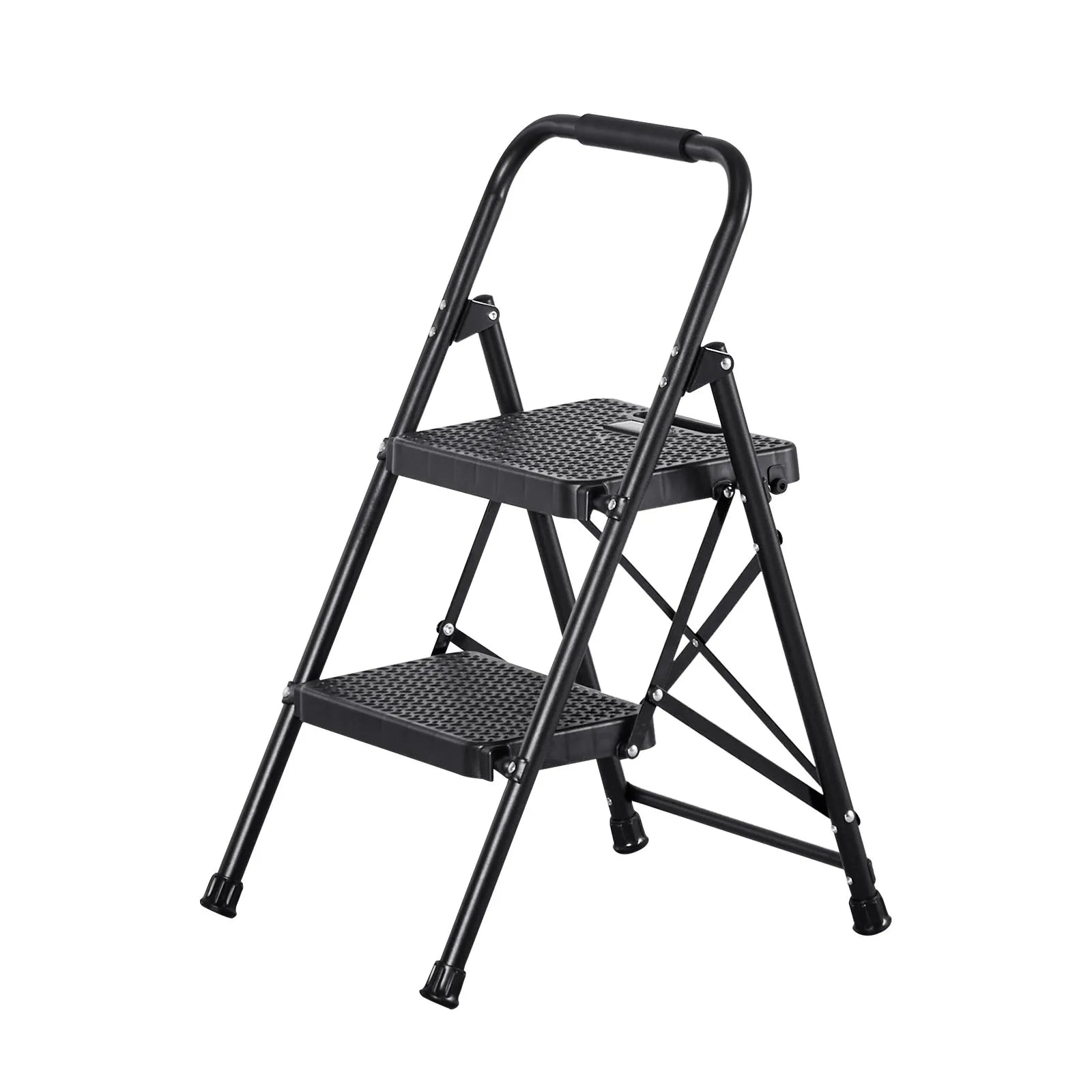 VEVOR 2 pakāpju saliekamās kāpnes ar platu pretslīdes pakāpienu un ērtu rokturi, pārnēsājamas tērauda kāpnes ar 272 kg nestspēju, lietošanai virtuvē, mājās un birojā, melnas