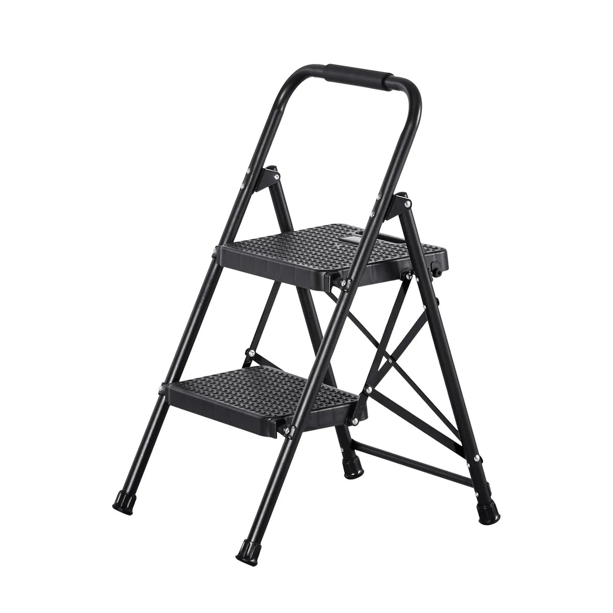 VEVOR 2 pakāpju saliekamās kāpnes ar platu pretslīdes pakāpienu un ērtu rokturi, pārnēsājamas tērauda kāpnes ar 272 kg nestspēju, lietošanai virtuvē, mājās un birojā, melnas
