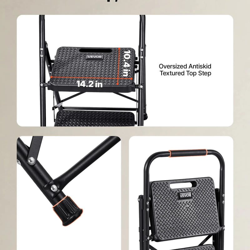 VEVOR 2 pakāpju saliekamās kāpnes ar platu pretslīdes pakāpienu un ērtu rokturi, pārnēsājamas tērauda kāpnes ar 272 kg nestspēju, lietošanai virtuvē, mājās un birojā, melnas