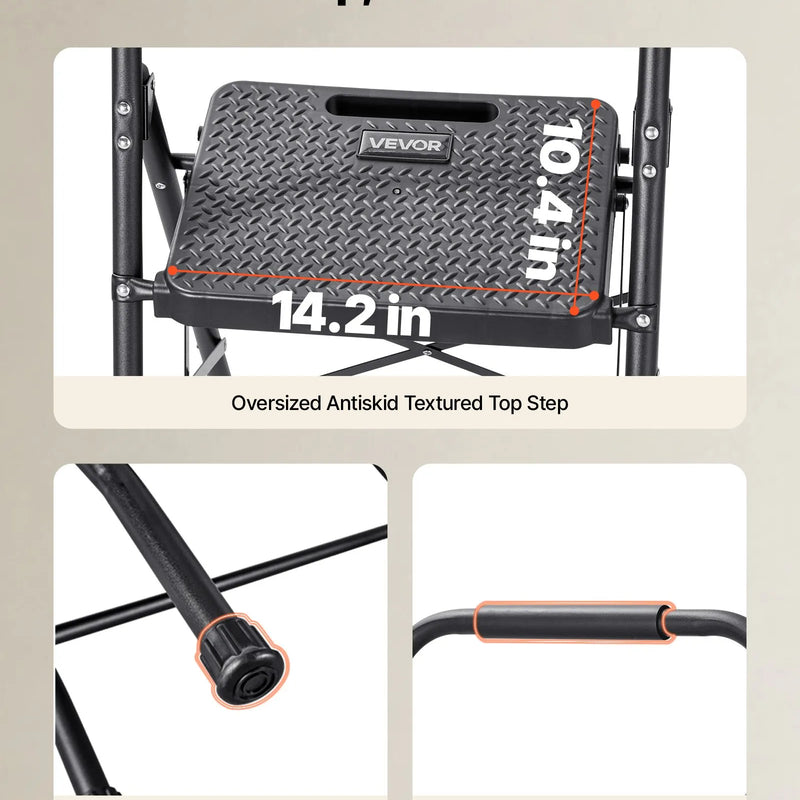 VEVOR 3 pakāpju saliekamās kāpnes ar platu pretslīdes pakāpienu un ērtu rokturi, pārnēsājamas tērauda kāpnes ar 272 kg nestspēju, lietošanai virtuvē, mājās un birojā, melnas