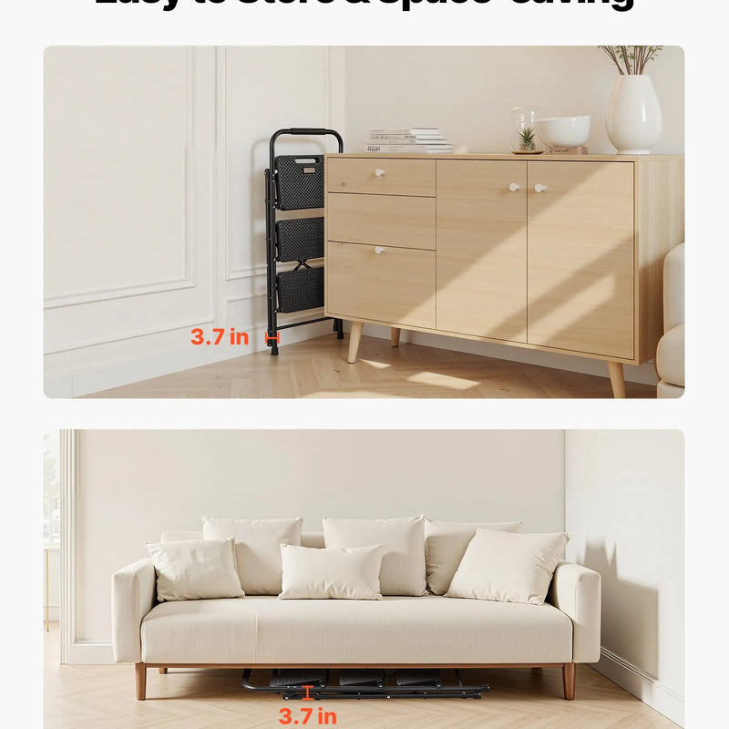 VEVOR 3 pakāpju saliekamās kāpnes ar platu pretslīdes pakāpienu un ērtu rokturi, pārnēsājamas tērauda kāpnes ar 272 kg nestspēju, lietošanai virtuvē, mājās un birojā, melnas