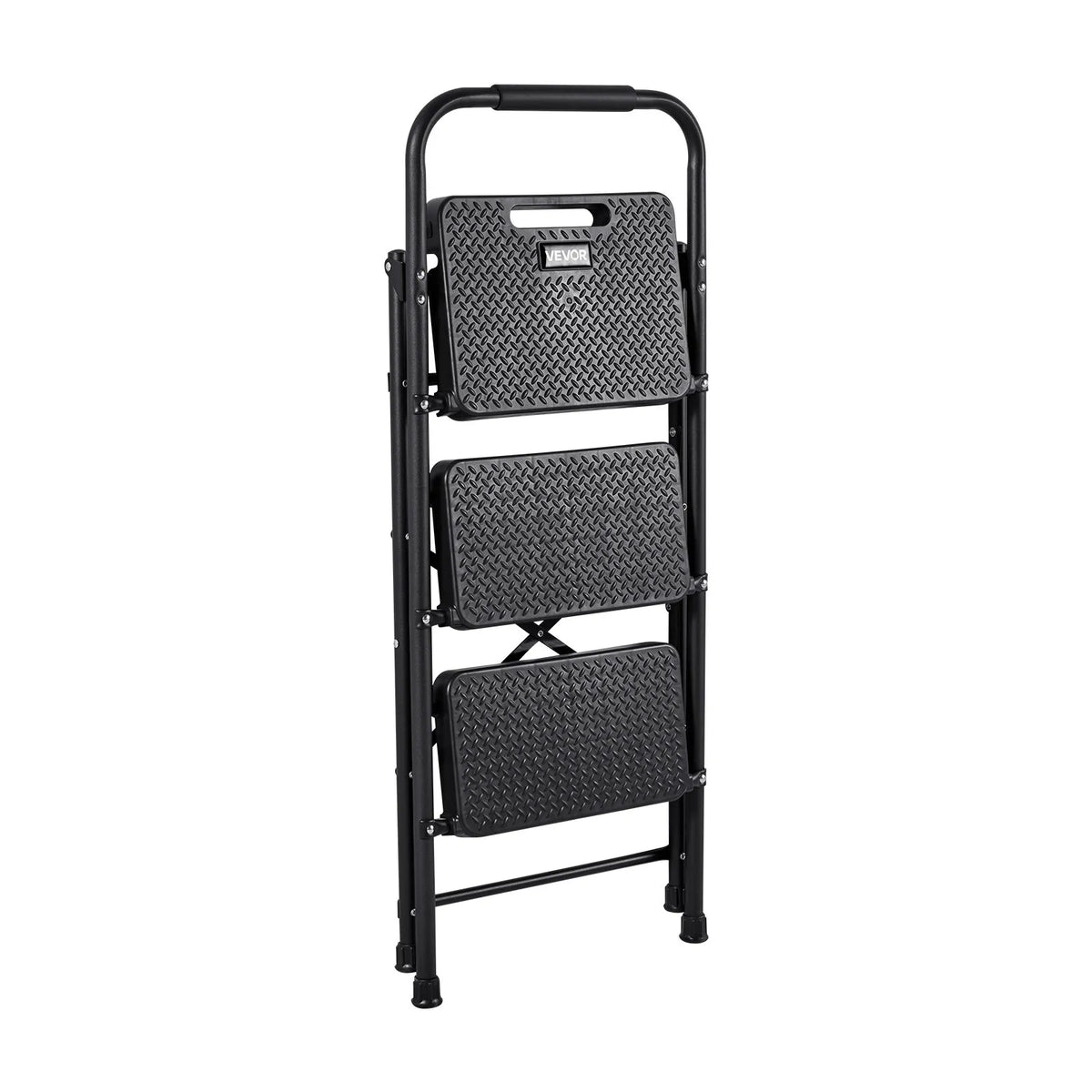 VEVOR 3 pakāpju saliekamās kāpnes ar platu pretslīdes pakāpienu un ērtu rokturi, pārnēsājamas tērauda kāpnes ar 272 kg nestspēju, lietošanai virtuvē, mājās un birojā, melnas
