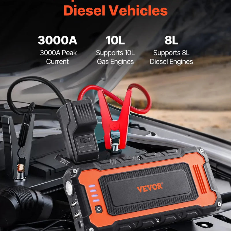 VEVOR automašīnas palaišanas ierīce , 3000 A starta strāva, 59,2 Wh litija akumulators, LED apgaismojums un palaišanas kabeļi, pārnēsājams starteris līdz 10 L benzīna un 8 L dīzeļdzinējiem