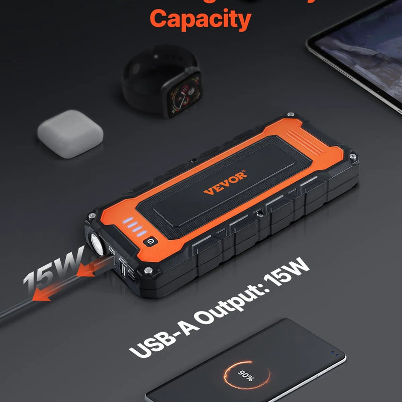 VEVOR automašīnas palaišanas ierīce , 3000 A starta strāva, 59,2 Wh litija akumulators, LED apgaismojums un palaišanas kabeļi, pārnēsājams starteris līdz 10 L benzīna un 8 L dīzeļdzinējiem