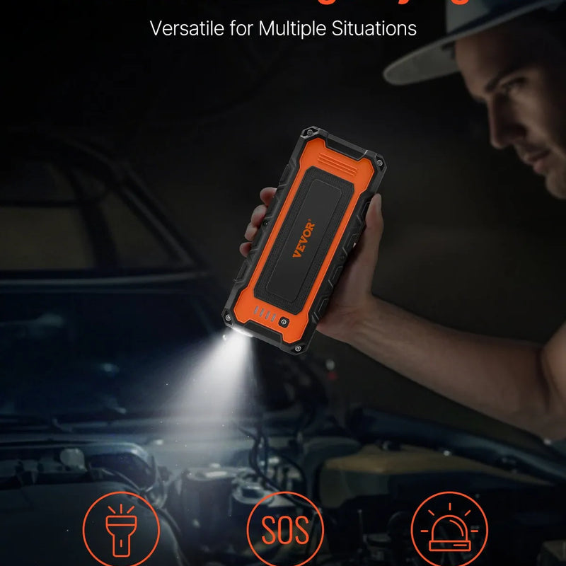 VEVOR automašīnas palaišanas ierīce , 3000 A starta strāva, 59,2 Wh litija akumulators, LED apgaismojums un palaišanas kabeļi, pārnēsājams starteris līdz 10 L benzīna un 8 L dīzeļdzinējiem