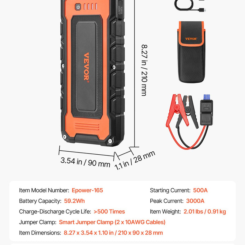 VEVOR automašīnas palaišanas ierīce , 3000 A starta strāva, 59,2 Wh litija akumulators, LED apgaismojums un palaišanas kabeļi, pārnēsājams starteris līdz 10 L benzīna un 8 L dīzeļdzinējiem