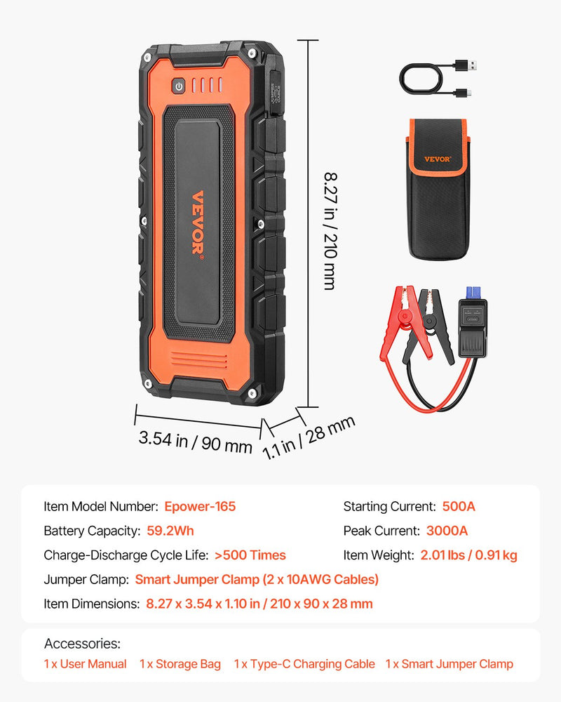 VEVOR automašīnas palaišanas ierīce , 3000 A starta strāva, 59,2 Wh litija akumulators, LED apgaismojums un palaišanas kabeļi, pārnēsājams starteris līdz 10 L benzīna un 8 L dīzeļdzinējiem
