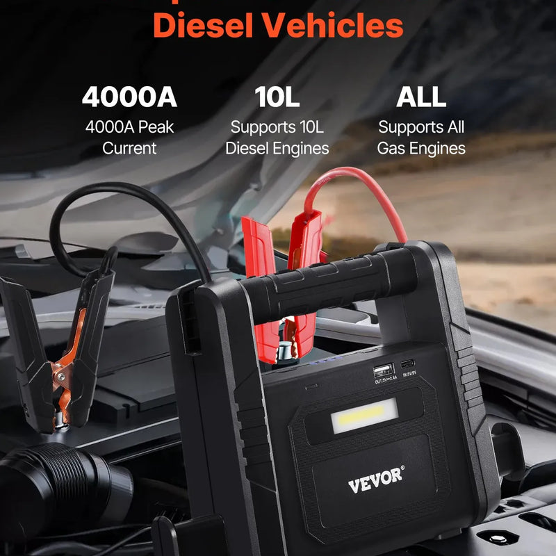 VEVOR automašīnas palaišanas ierīce, 4000 A starta strāva, 88,8 Wh litija akumulators, LED apgaismojums un palaišanas kabeļi, pārnēsājams starteris benzīna un līdz 10 L dīzeļdzinējiem