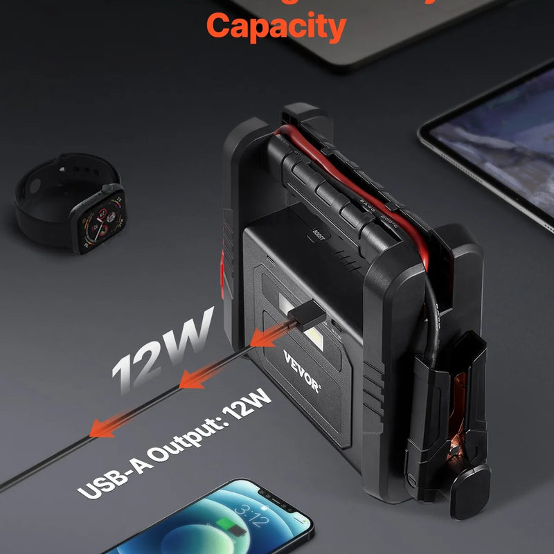 VEVOR automašīnas palaišanas ierīce, 4000 A starta strāva, 88,8 Wh litija akumulators, LED apgaismojums un palaišanas kabeļi, pārnēsājams starteris benzīna un līdz 10 L dīzeļdzinējiem