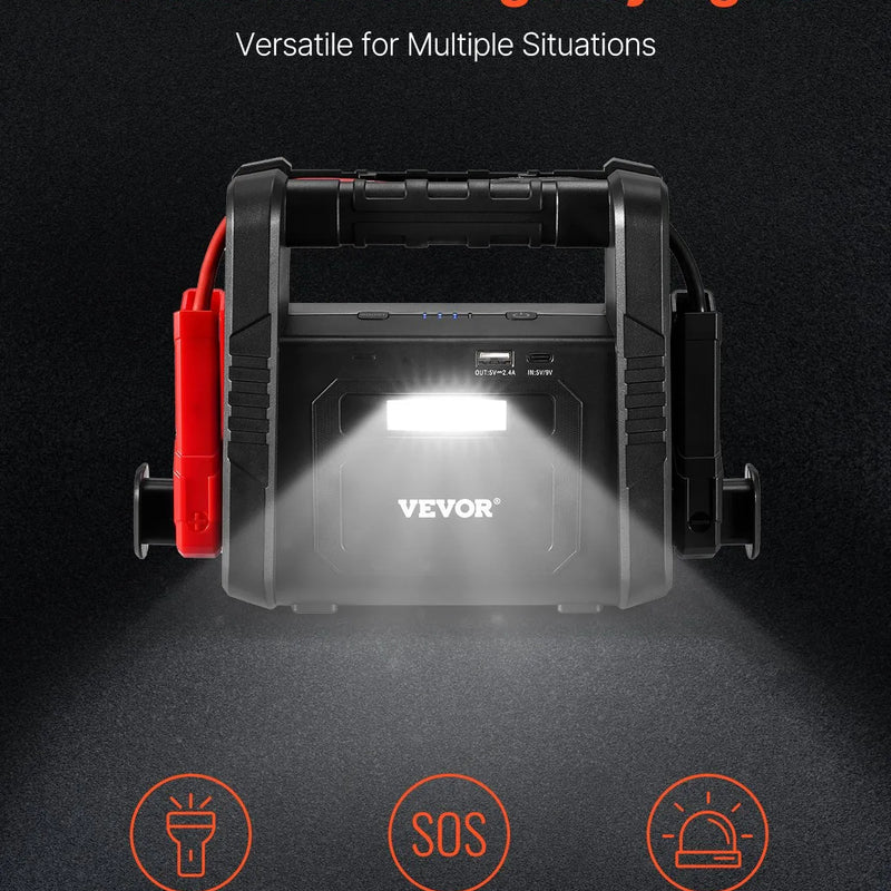 VEVOR automašīnas palaišanas ierīce, 4000 A starta strāva, 88,8 Wh litija akumulators, LED apgaismojums un palaišanas kabeļi, pārnēsājams starteris benzīna un līdz 10 L dīzeļdzinējiem