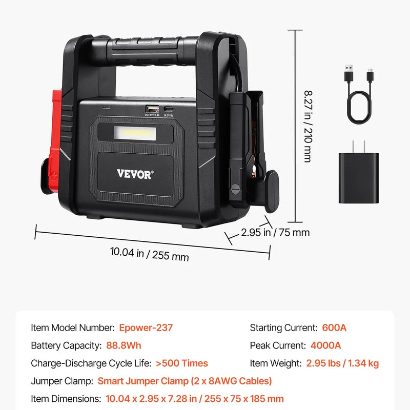 VEVOR automašīnas palaišanas ierīce, 4000 A starta strāva, 88,8 Wh litija akumulators, LED apgaismojums un palaišanas kabeļi, pārnēsājams starteris benzīna un līdz 10 L dīzeļdzinējiem
