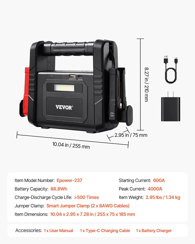 VEVOR automašīnas palaišanas ierīce, 4000 A starta strāva, 88,8 Wh litija akumulators, LED apgaismojums un palaišanas kabeļi, pārnēsājams starteris benzīna un līdz 10 L dīzeļdzinējiem