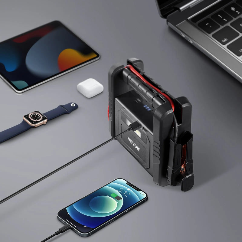 VEVOR automašīnas palaišanas ierīce, 4000 A starta strāva, 88,8 Wh litija akumulators, LED apgaismojums un palaišanas kabeļi, pārnēsājams starteris benzīna un līdz 10 L dīzeļdzinējiem