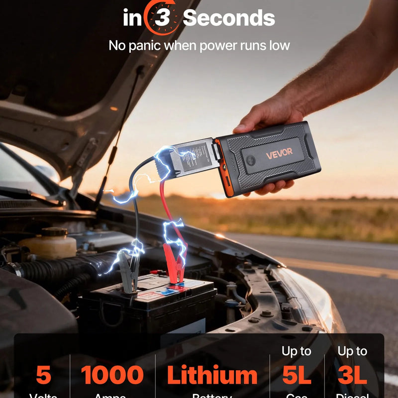 VEVOR auto iedarbināšanas starteris 1000 A, 12 V portatīvs litija akumulatora pastiprinātājs ar starta kabeļiem un 3 režīmu LED lukturīti, piemērots benzīna dzinējiem līdz 5 l un dīzeļdzinējiem līdz 3 l