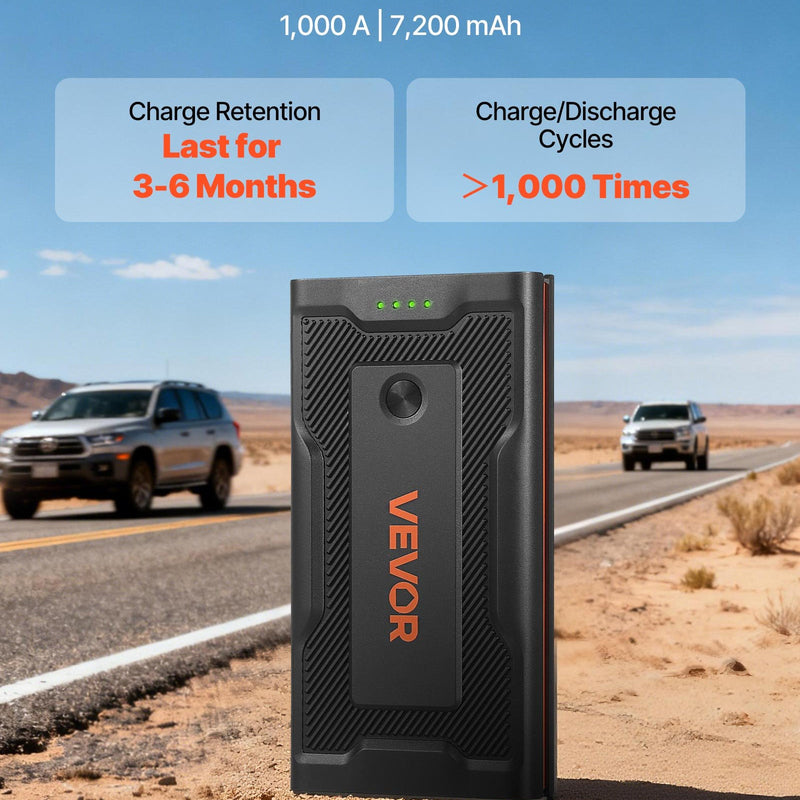 VEVOR auto iedarbināšanas starteris 1000 A, 12 V portatīvs litija akumulatora pastiprinātājs ar starta kabeļiem un 3 režīmu LED lukturīti, piemērots benzīna dzinējiem līdz 5 l un dīzeļdzinējiem līdz 3 l